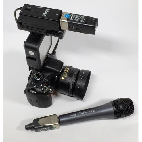 Xvive U3 XLR Plug-on Wireless System connected to a camera and microphone